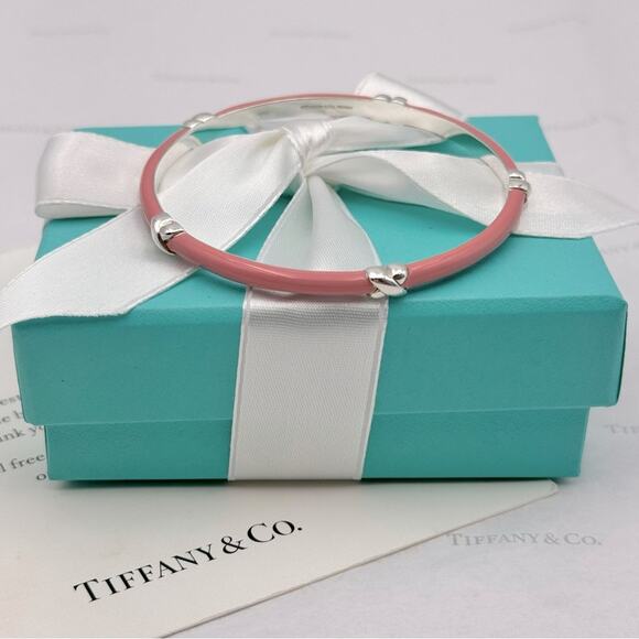 Tiffany & Co. Pink Enamel Signature X Bangle Bracelet Sterling Silver Gift Box - Picture 7 of 13